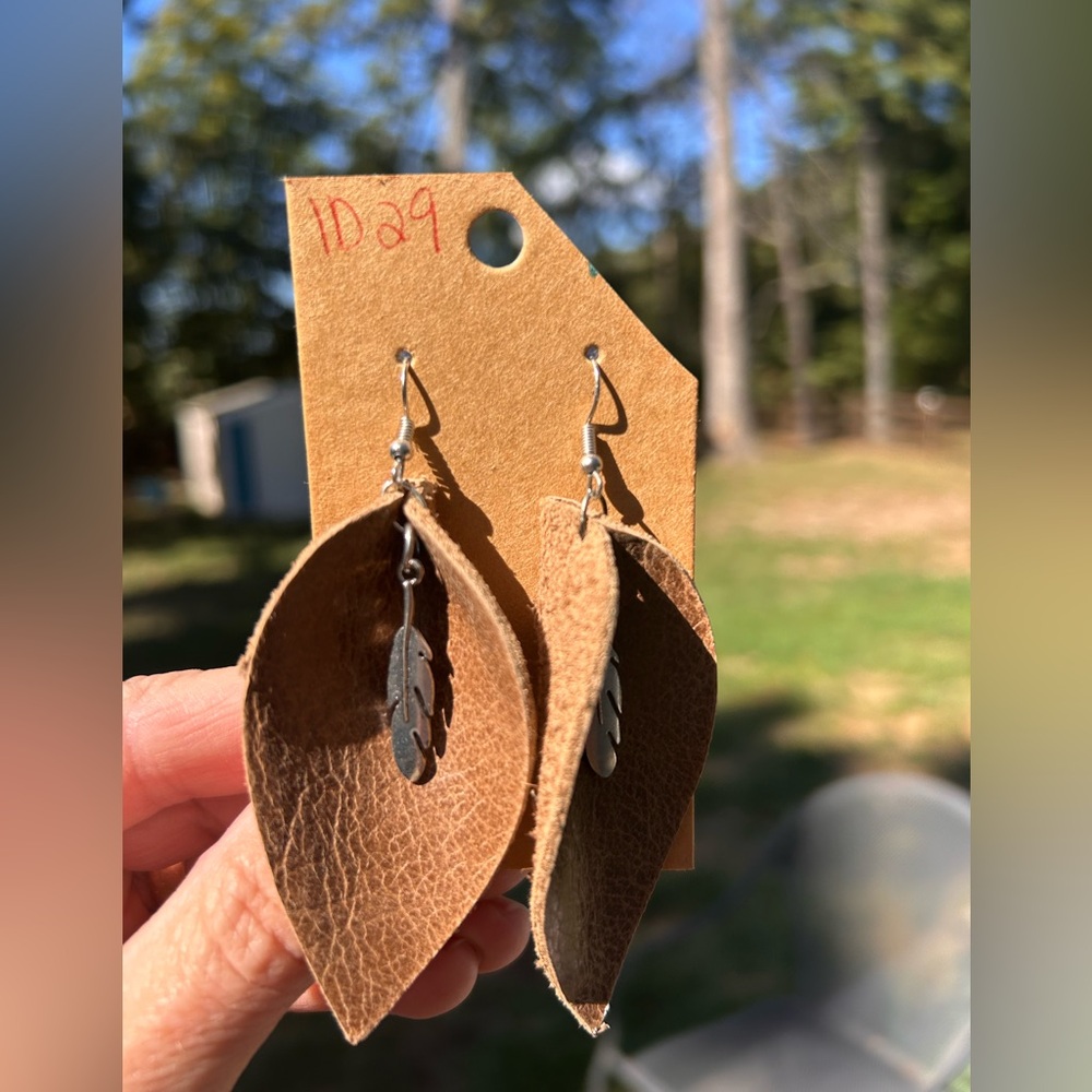 Brown Leather Leaf Earrings with Silver Feather Charm